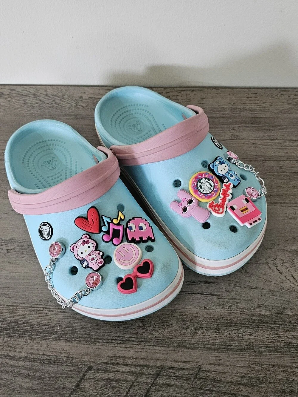 CROCS Kid Light Blue Clog Sandal Pink Trim Charms Girl J 3 Hello Kitty Minecraft
